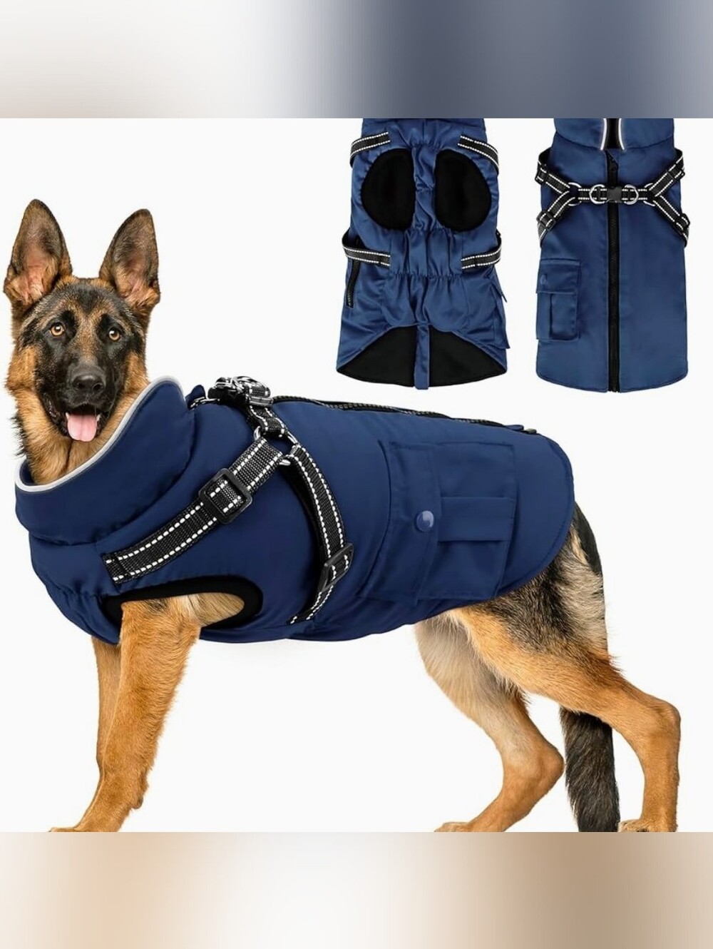 (1) Navy Puffer Quilted DogCoat With Harness Size 2XL